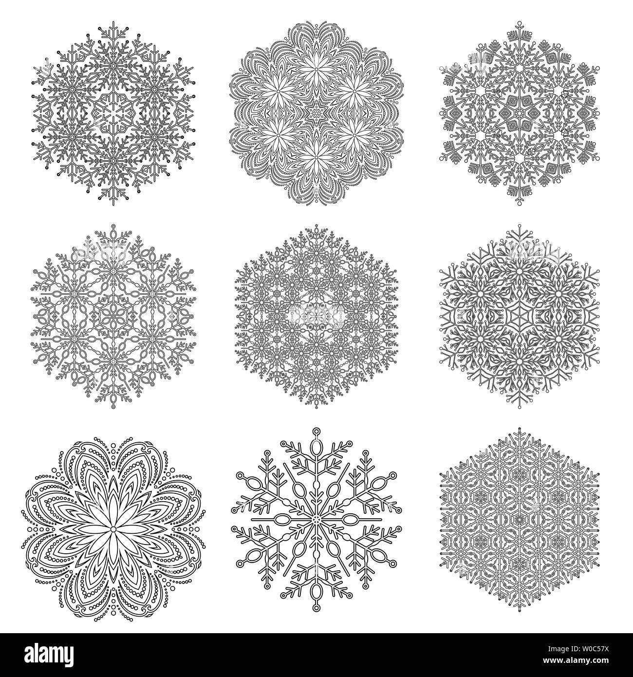 Satz von Schneeflocken. Feine winter Ornamente. Schneeflocken Sammlung. Schwarze und weiße Schneeflocken für Hintergründe und Designs Stockfoto