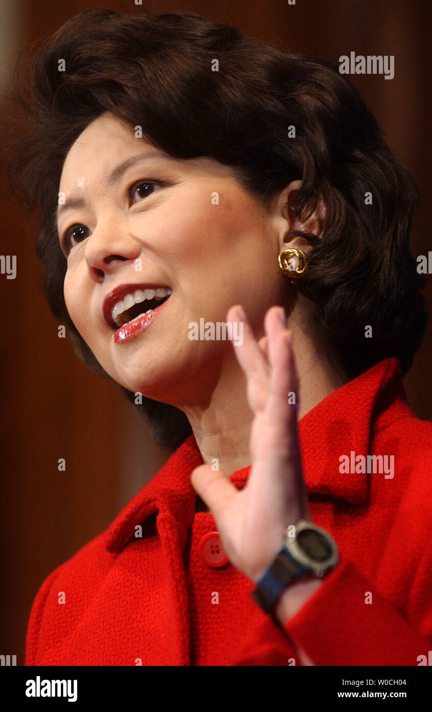 Arbeitsminister Elaine Chao spricht mit den in den Nationalen Presseclub in Washington versammelt über Ruhestand Sicherheit und der Pension Benefit Garantie Corporation, am 10. Januar 2005. Chao angekündigt, dass die Bush-administration neue Leitlinien für Unternehmen setzen mit beim Umgang mit der Pbgc nachzukommen, um zu gewährleisten, dass die Arbeitnehmer ihre zugesagten Versorgungsleistungen erhalten. (UPI Foto/Michael Kleinfeld) Stockfoto