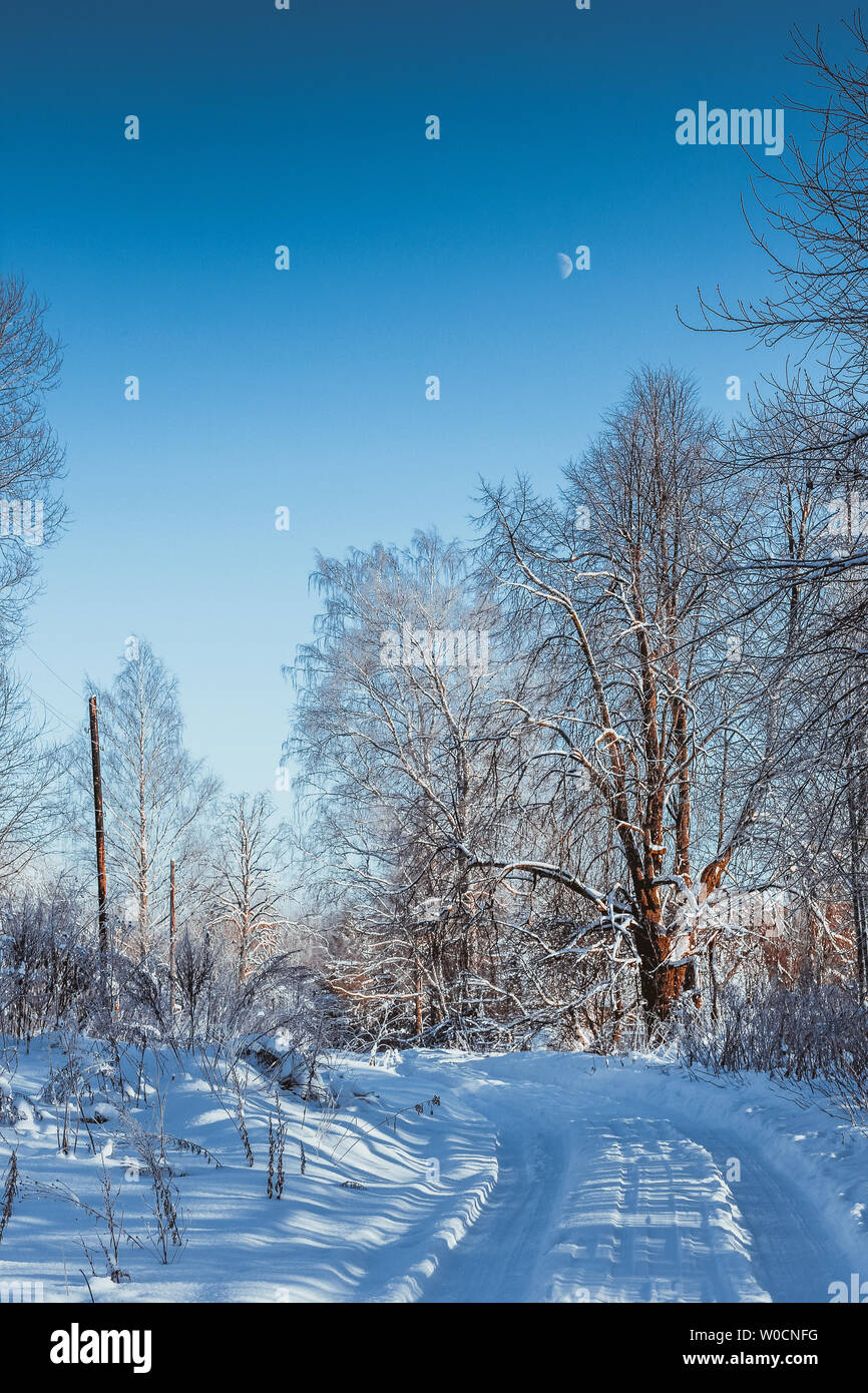 Winter snow Village Road Landschaft. Russischen Dorf Straße im Winter Schnee Saison. Winter snow Village Road in Russland Stockfoto