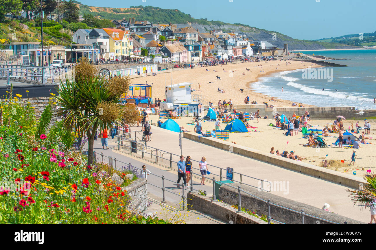 Lyme Regis, Dorset, Großbritannien. 27. Juni 2019. UK Wetter: Sonnenanbeter in Scharen zu den malerischen Badeort von Lyme Regis, die glühend heiße Sonne und strahlend blauen Himmel zu genießen wie die Sahara Hitzewelle Großbritannien Hits. Besucher und Einheimische aalen sich in brütender Sonne am Sandstrand der Stadt. Credit: Celia McMahon/Alamy Leben Nachrichten. Stockfoto