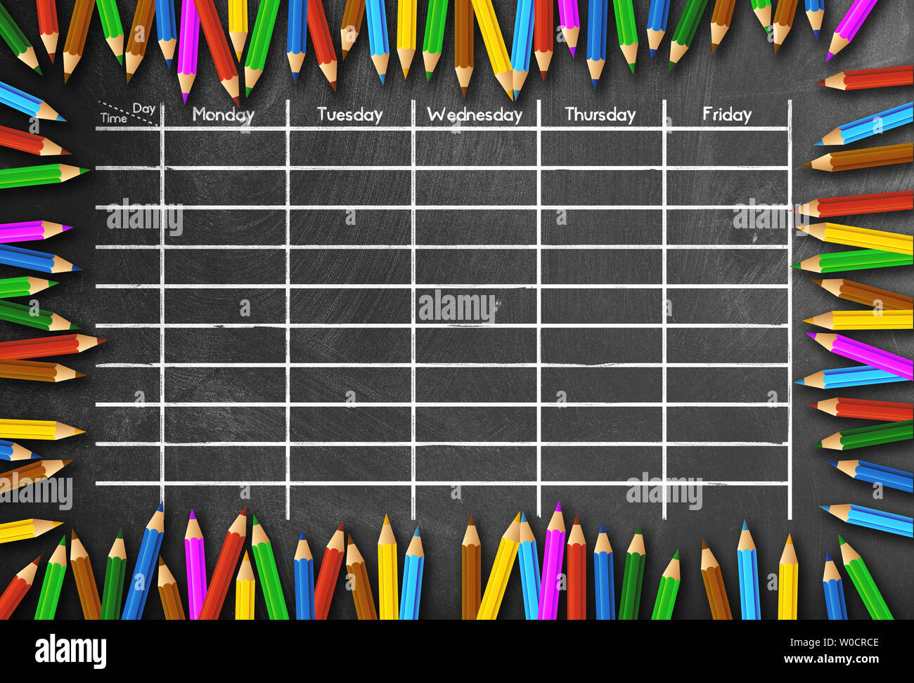Schule Zeitplan oder Stundenplan Vorlage auf blackboard durch Buntstifte gerahmt Stockfoto