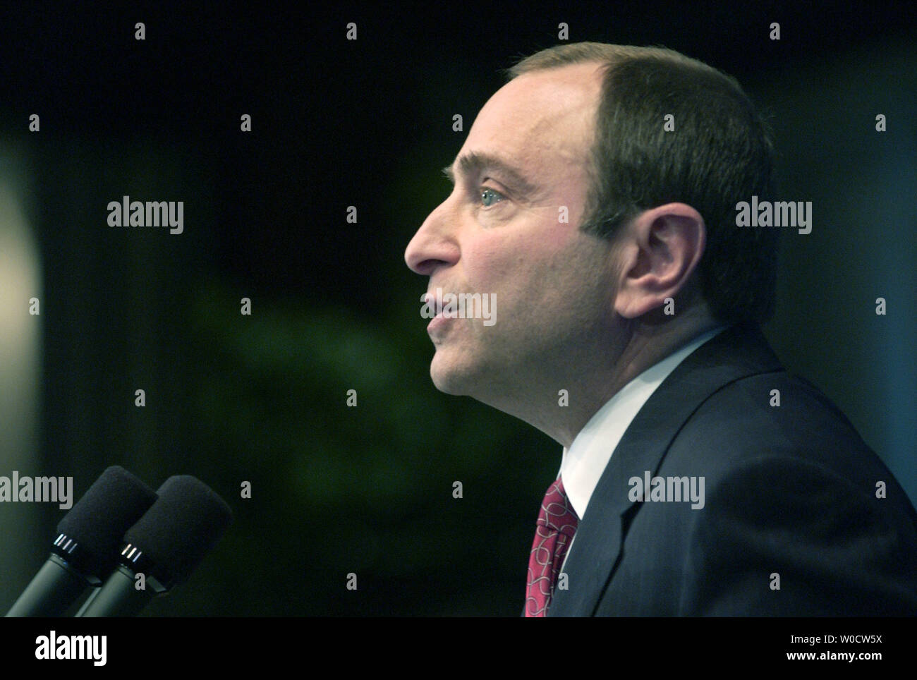 National Hockey League (NHL) Beauftragter Gary Bettman spricht auf die Erholung der NHL an einem Mittagessen an der National Press Club in Washington am 4. November 2005. (UPI Foto/Kevin Dietsch) Stockfoto