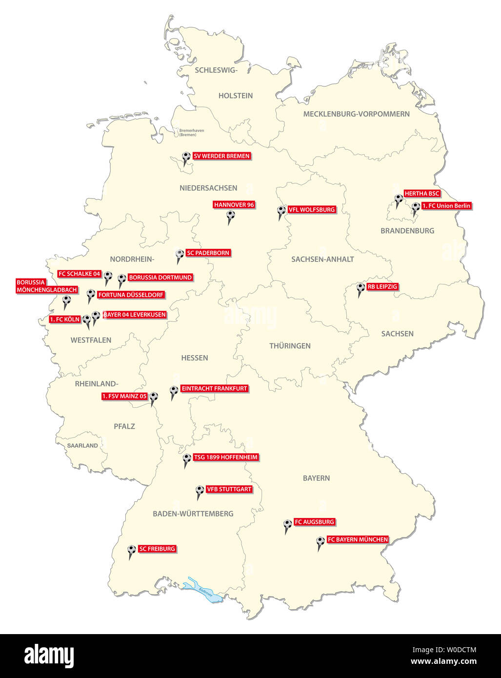 Karte mit der 18 Vereine der ersten deutschen Fußball-Liga 2019 2020 Stockfoto
