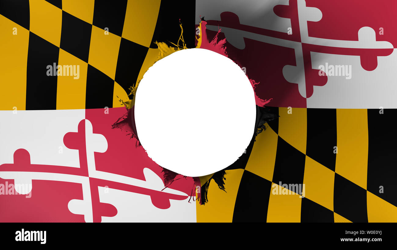 Loch in der Flagge Maryland State, weißer Hintergrund, 3D-Rendering Stockfoto