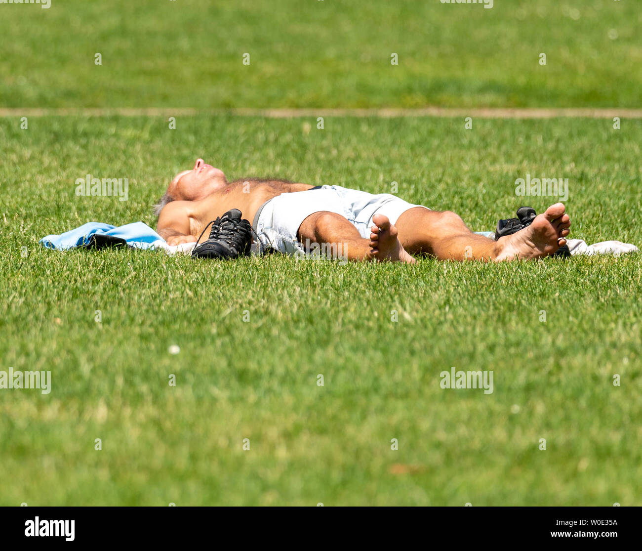 London. 27. Juni 2019. UK Wetter: Sonnenschein im Green Park, London Mann in Shorts Sonnenbaden auf Gras Credit: Ian Davidson/Alamy leben Nachrichten Stockfoto