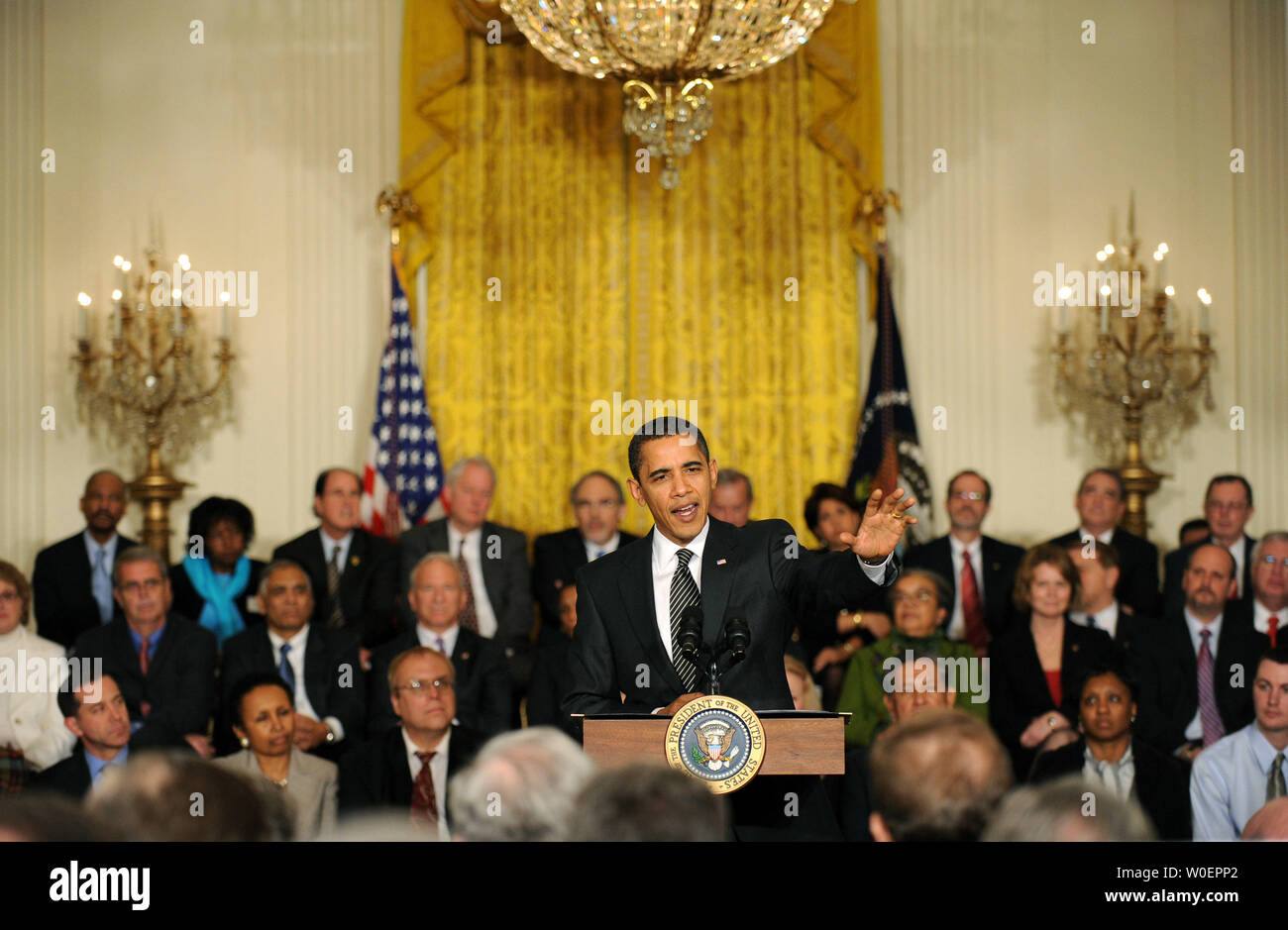 Präsident Barack Obama liefert Erläuterungen bei der Abschlussfeier des Weißen Hauses Forum zur Reform des Gesundheitswesens, im Osten Zimmer im Weißen Haus in Washington am 5. März 2009. (UPI Foto/Kevin Dietsch) Stockfoto