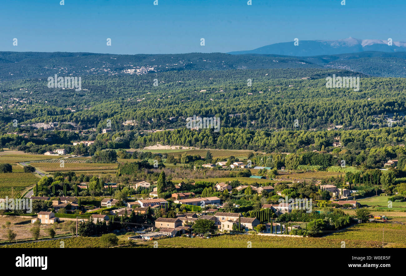 Frankreich, Lubéron, Vaucluse, der Comtat Venaissin Ebene und den Mont Ventoux Berg gesehen von Ménerbes (schönste Dorf in Frankreich) Stockfoto