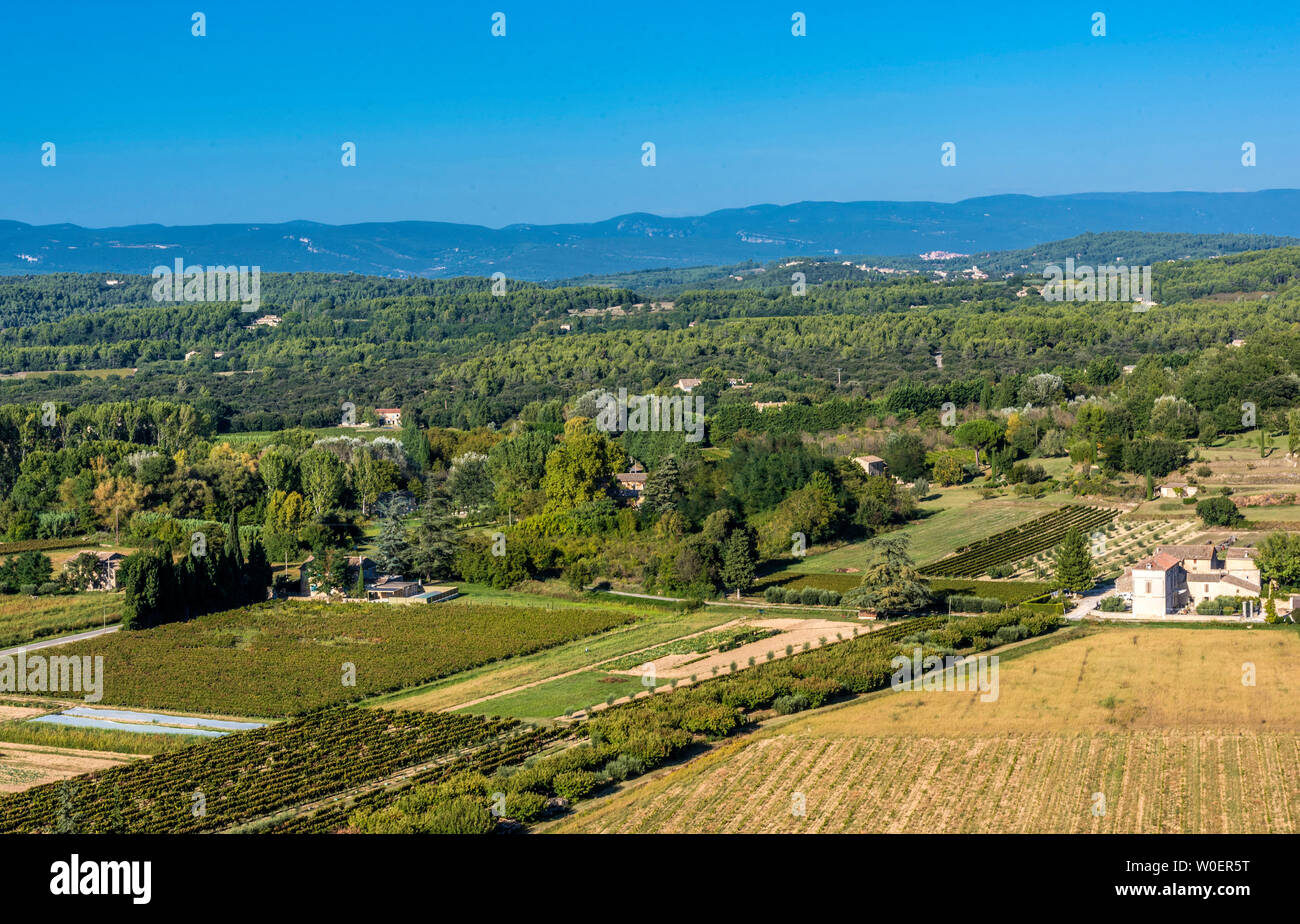 Frankreich, Lubéron, Vaucluse, der Comtat Venaissin Ebene und den Mont Ventoux Berg gesehen von Ménerbes (schönste Dorf in Frankreich) Stockfoto