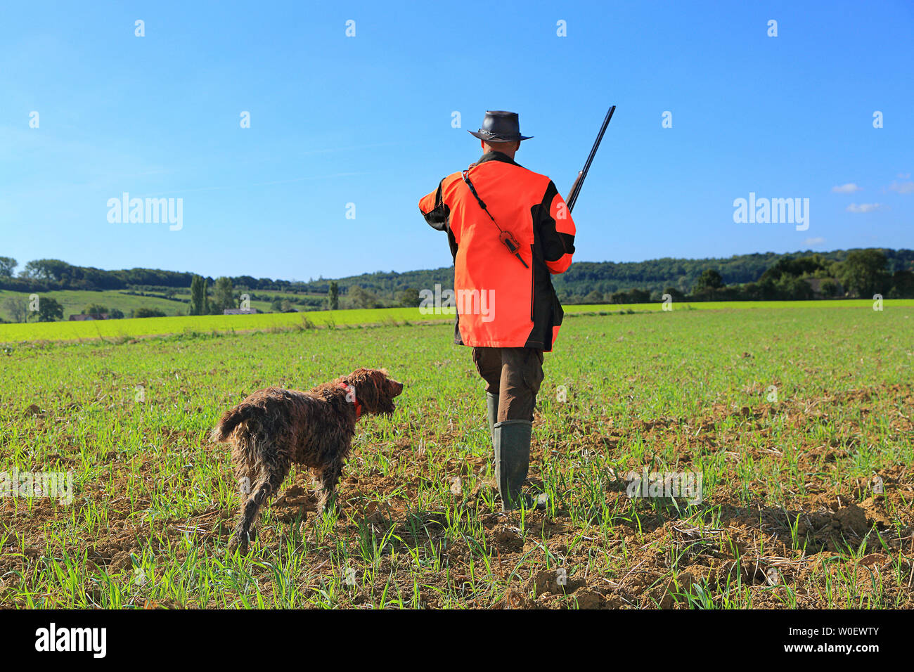 Frankreich, Jagd. Jäger mit seinem Hund Stockfoto