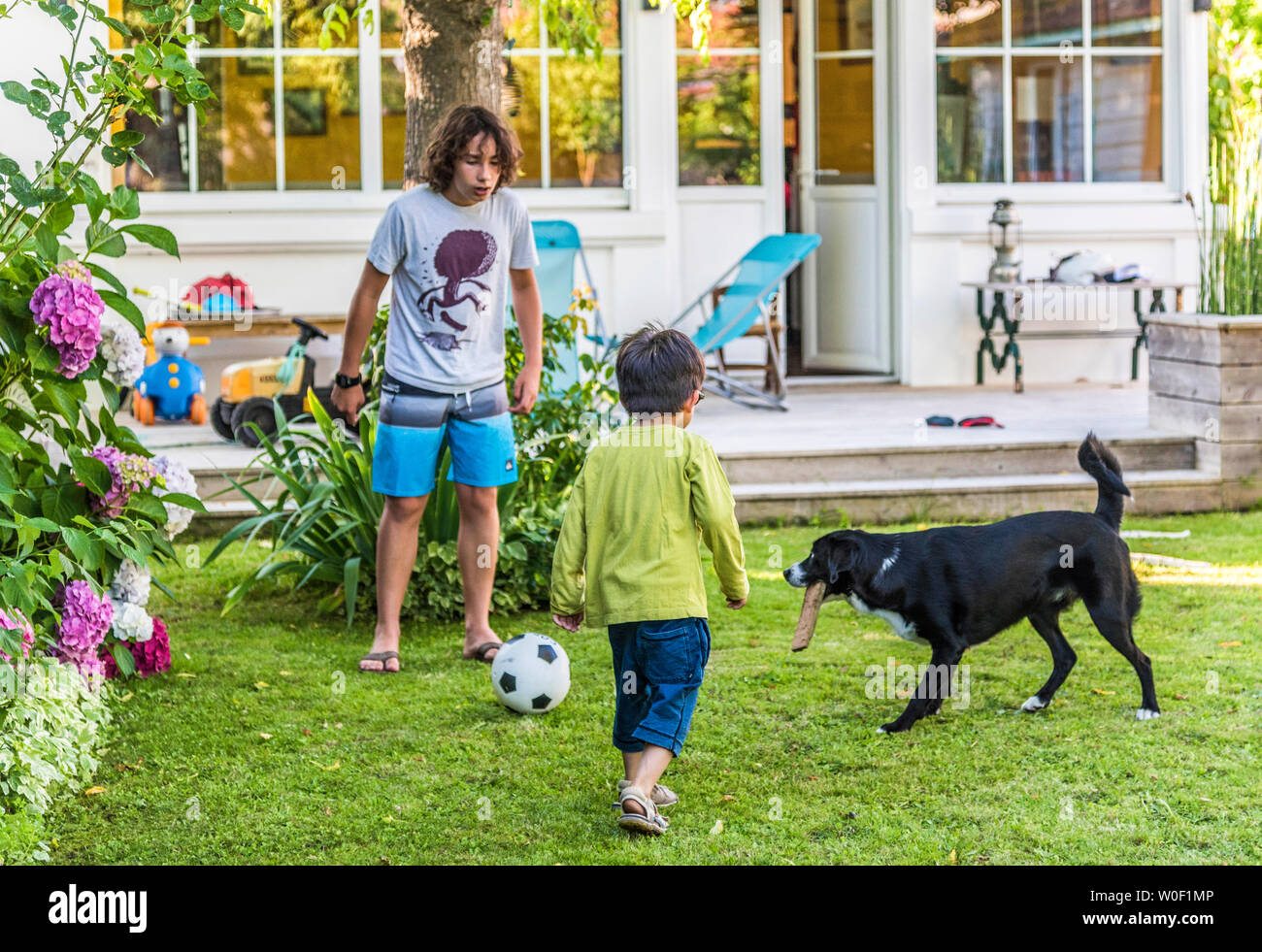 Zwei Jungen von 5 Jahren und 13 Jahren spielen mit einem Ball in den Garten mit Ihrem Hund Stockfoto