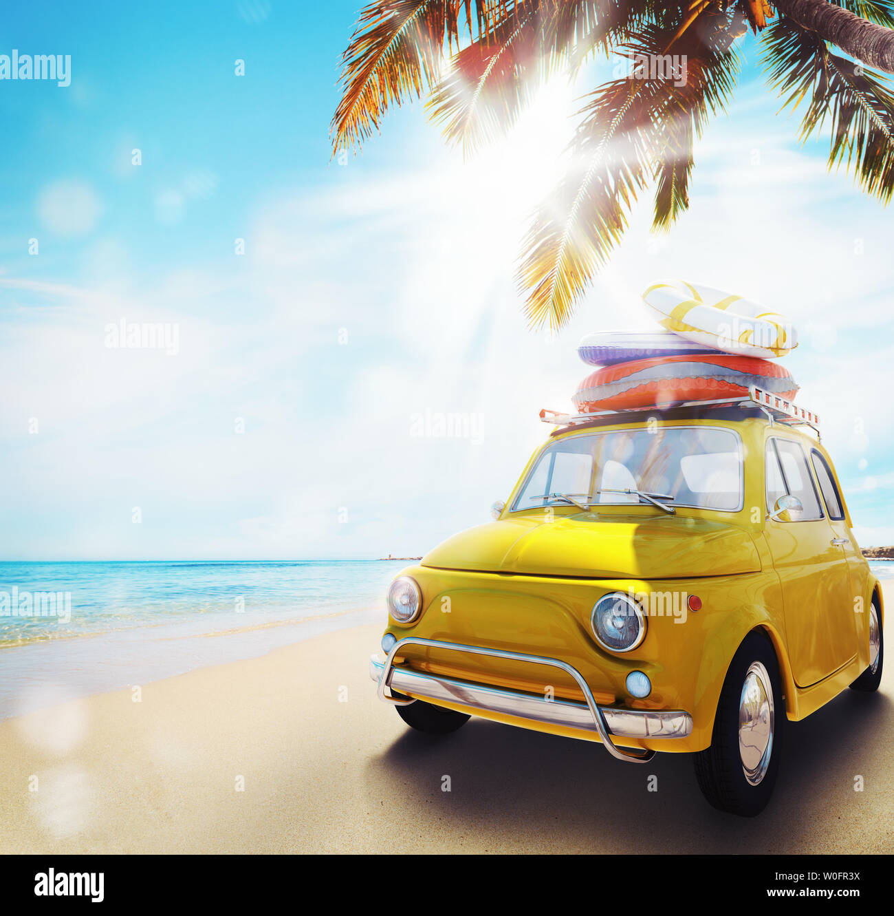 Beginnen Sie Sommer Urlaub mit ein altes Auto am Strand. 3D-Rendering Stockfoto
