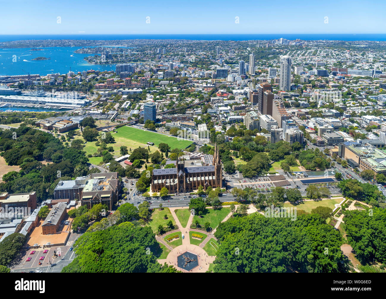 Blick vom Sydney Tower auf den Hyde Park, die Domäne und Kings Cross mit St Mary's Cathedral im Vordergrund, Sydney, New South Wales, Australien Stockfoto