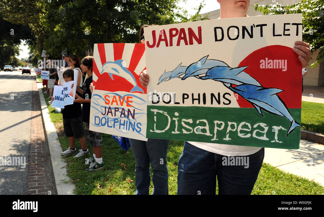 Die demonstranten von PETA die Tötung von Delfinen vor der japanischen Botschaft in Washington protestieren am 1. September 2011. UPI/Roger L. Wollenberg Stockfoto