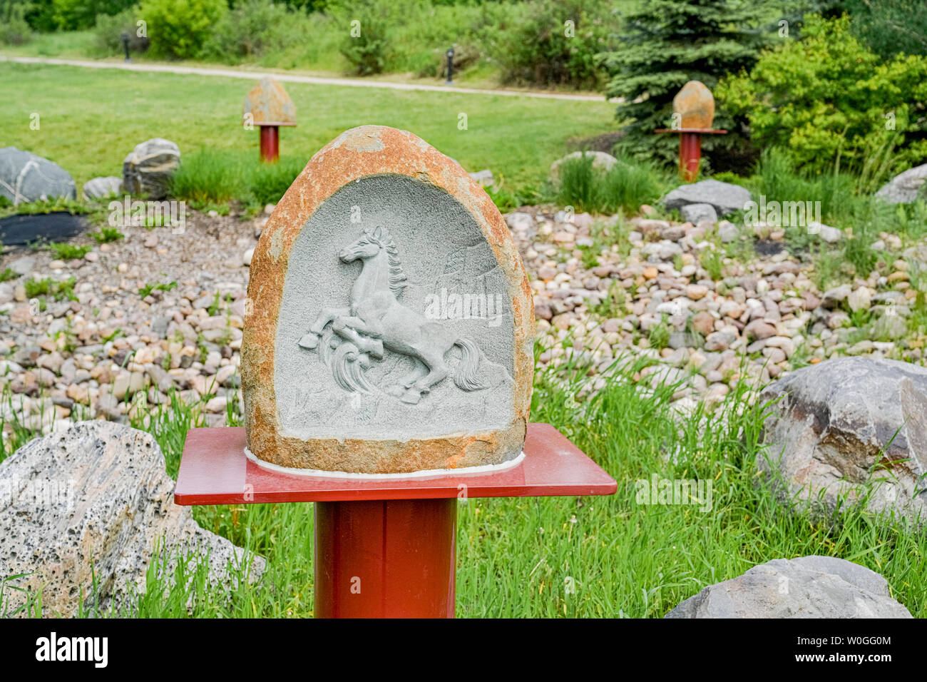 Stein gehauen, Chinesische Sternzeichen Symbol, Jahr des Pferdes, Chinesischen Garten, Louise McKinney Riverfront Park, Edmonton, Alberta, Kanada Stockfoto