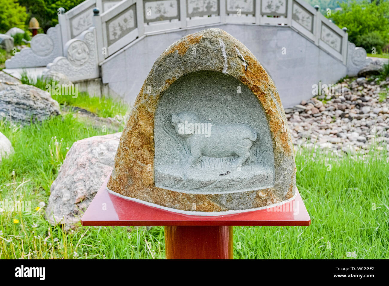 Stein gehauen, Chinesische Sternzeichen Symbol, Jahr des Schweins, Chinesischen Garten, Louise McKinney Riverfront Park, Edmonton, Alberta, Kanada Stockfoto