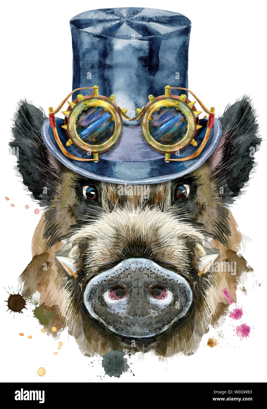 Süße Schweinchen. Wildschwein mit schwarzem Hut Topper und Steampunk Gläser für t-shirt Grafiken. Aquarell braun Eber Abbildung Stockfoto