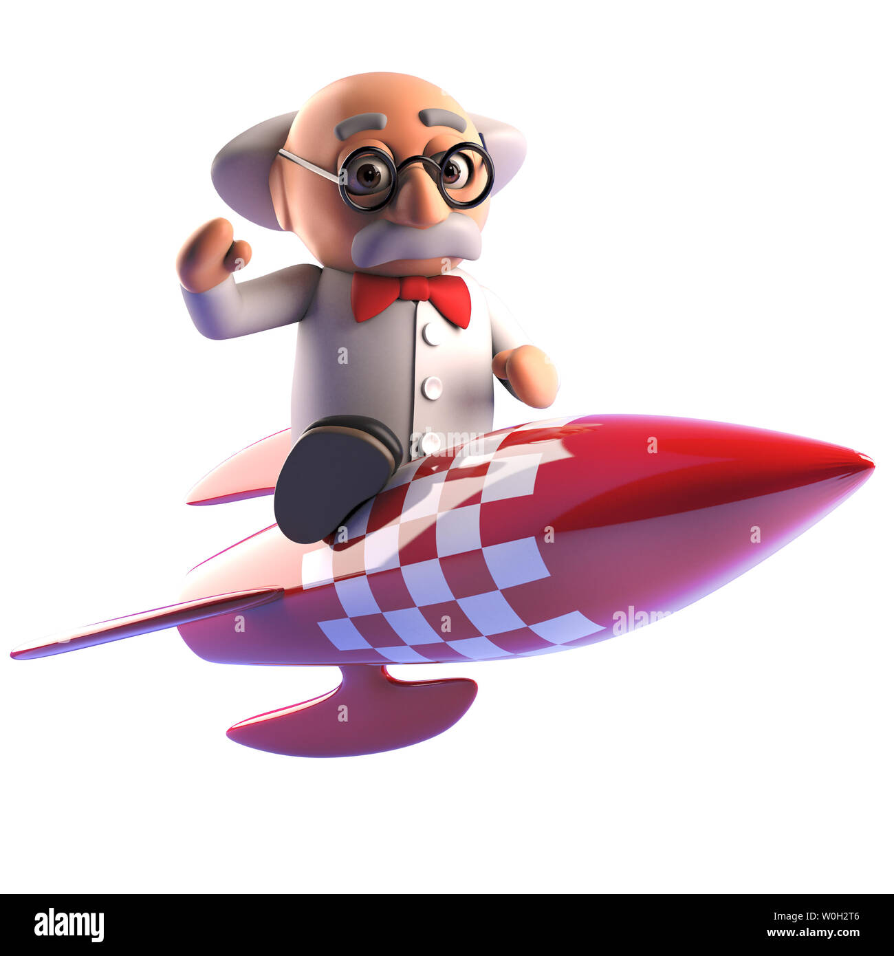 Gerenderten 3D-Bild von einem Cartoon 3d mad Scientist Charakter, ein Raumschiff Stockfoto