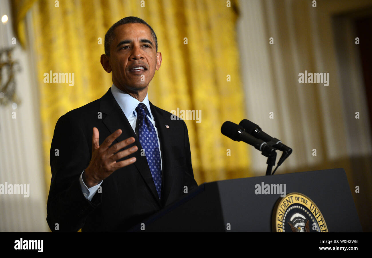 Präsident Barack Obama kündigt die Schaffung des Gehirns (das Gehirn Forschung durch die Förderung innovativer Neurotechnologies) Initiative, am 2. April 2013 im Weißen Haus in Washington, D.C. Die Initiative ist eine neue Forschung planen Sie neue Wege finden, zu behandeln, zu heilen und zu verhindern, dass Erkrankungen des Gehirns wie Alzheimer und Epilepsie. UPI/Kevin Dietsch Stockfoto