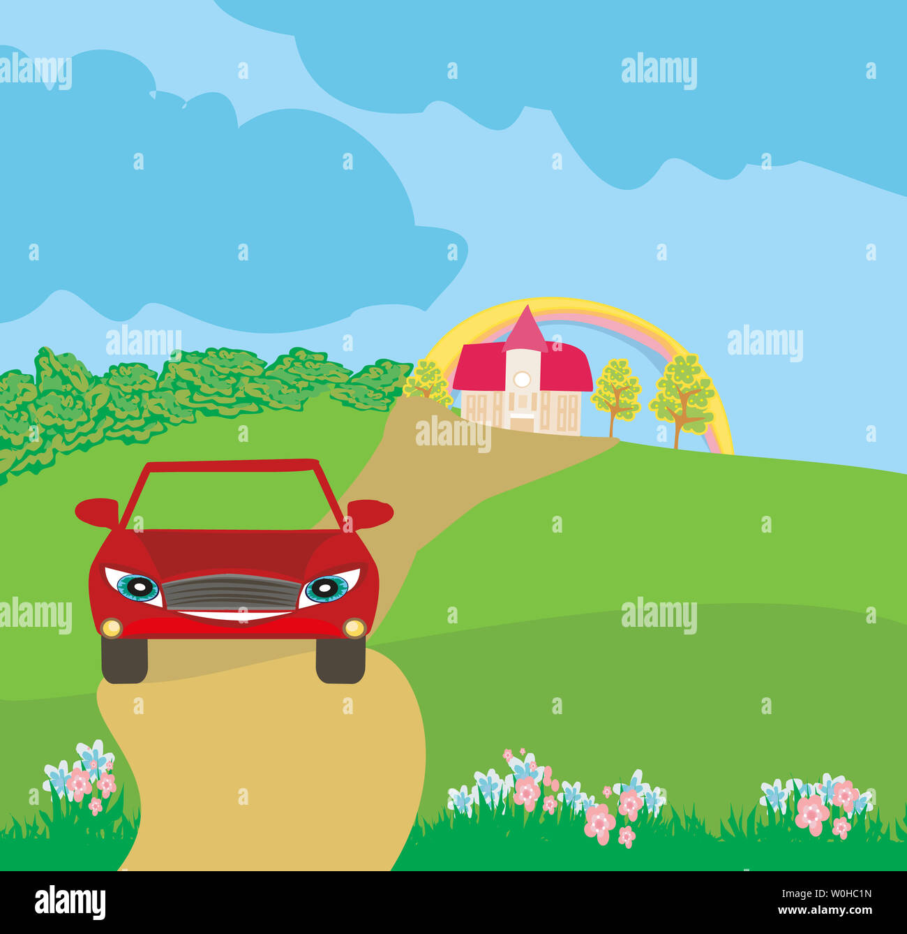 Auto Comicfigur auf einer Reise Stockfoto