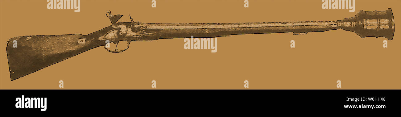 18. Jahrhundert langen musketen Karabiner mit Messing Granate werfen Attachment aka Hand Mörtel Stockfoto