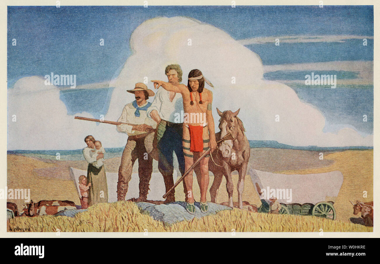 Der Pathfinder: Einheimische Führer zeigen Siedler den Weg über die Prärie. Farbe halftone einer Öffner Wyeth Abbildung Stockfoto