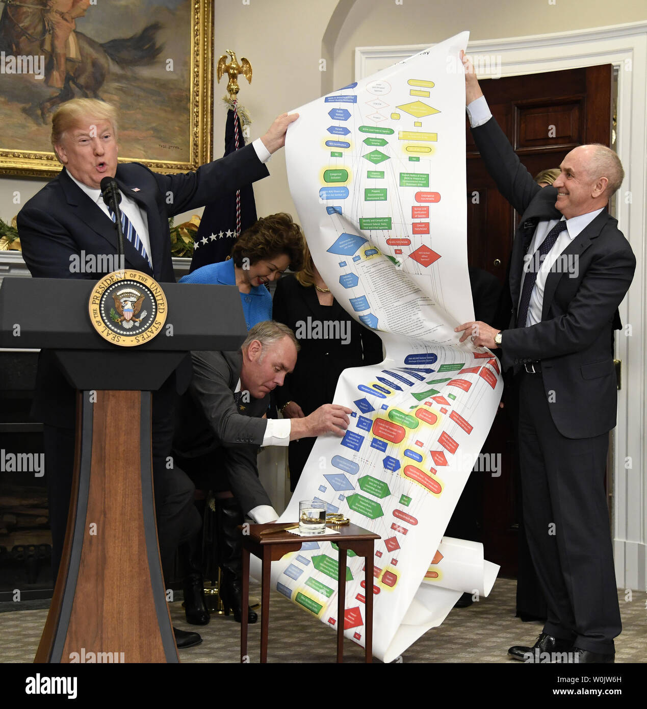 Präsident Donald Trump (L) zeigt ein Diagramm der rechtlichen Schritte, die notwendig sind für den Bau einer Autobahn, unterstützt von Chris Liddell, seinen Kopf von strategischen Initiativen (R) und Staatssekretär Ryan Zinke und Transport Sekretärin Elaine Chao (C), bei einer Veranstaltung der Verordnungen zu verringern, im Weißen Haus, 14. Dezember 2017, in Washington, DC. Foto von Mike Theiler/UPI Stockfoto