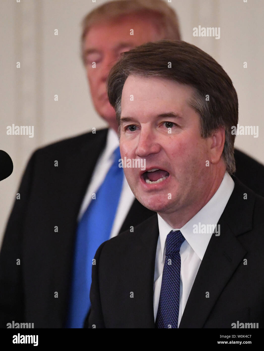 Brett Kavanaugh, nominierte Präsident Donald Trump für Obersten Gerichtshof spricht während einer Zeremonie im Osten Zimmer im Weißen Haus am 9. Juli 2018. Kavanaugh ersetzen zurückziehen Gerechtigkeit Anthony Kennedy. Foto von Pat Benic/UPI Stockfoto