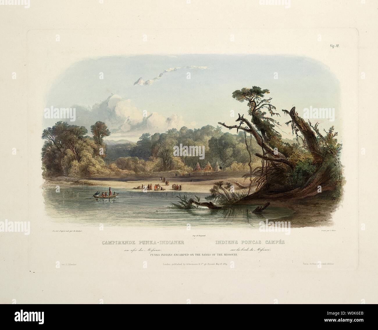 Punka Inder lagerten sich am Ufer des Missouri - Karl Bodmer Aquatinta von Reisen in das Innere von Nordamerika (Voyage dans l'Intérieur) Stockfoto