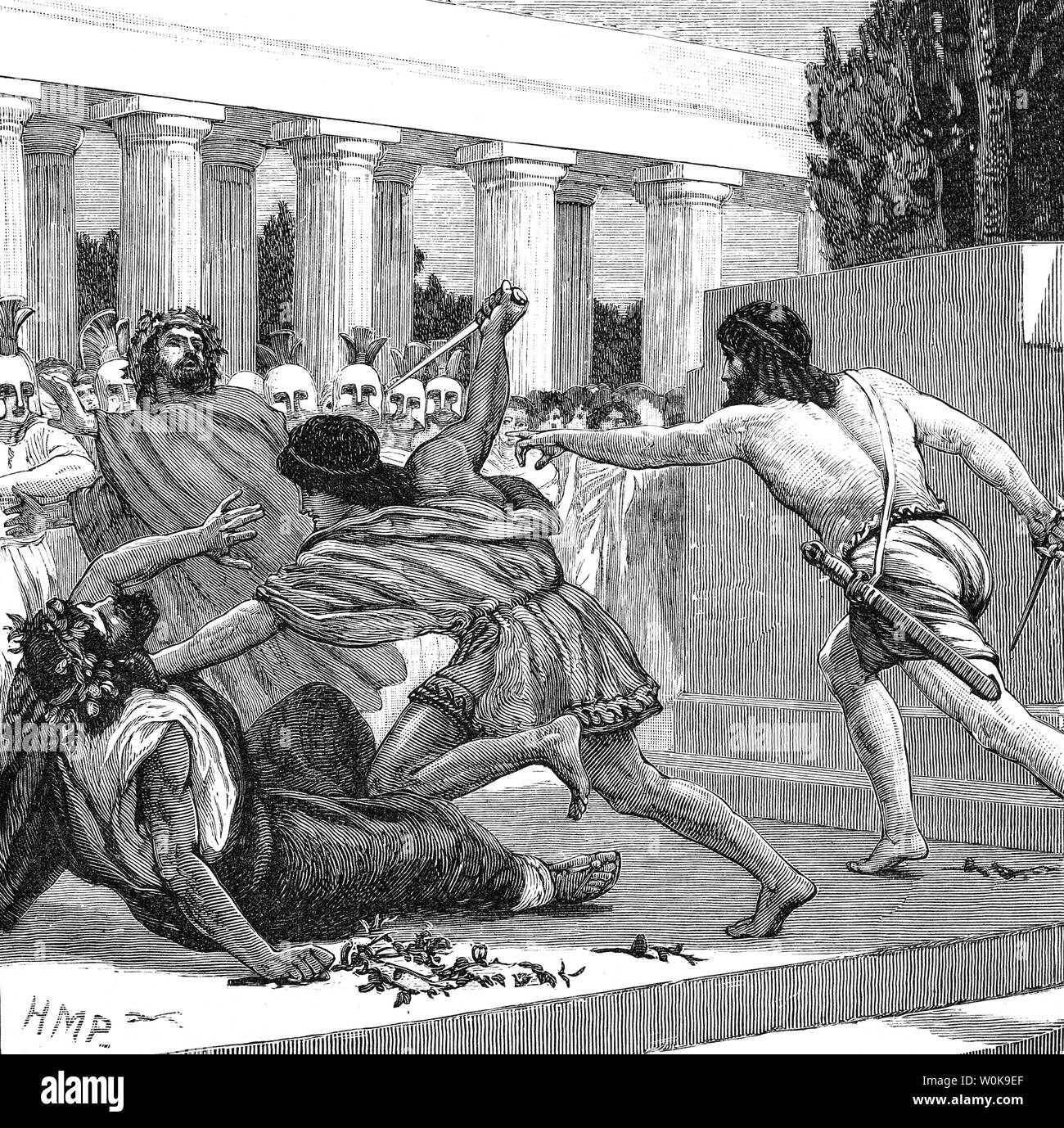 Und Aristogeiton Harmodius, zwei Liebende aus dem antiken Athen als Tyrannicides, der überragende Symbol der Demokratie zu antiken Athener bekannt, nachdem sie ein Akt der politischen Mord an der 514 v. Chr. Panathenaic Festival verpflichtet. Sie ermordet Hipparchus, Mitglied der herrschenden Klasse von Athen und einen Tyrannen, der Stadt Athen von 528/7 v. Chr., dachte die letzte Peisistratidischen Tyrannen zu werden, obwohl nach thukydides Hipparchus war nicht ein Tyrann, aber ein Minister. Zudem ist geplant die echten Tyrann von Athen, Hippias zu töten, aber erfolglos waren. Stockfoto