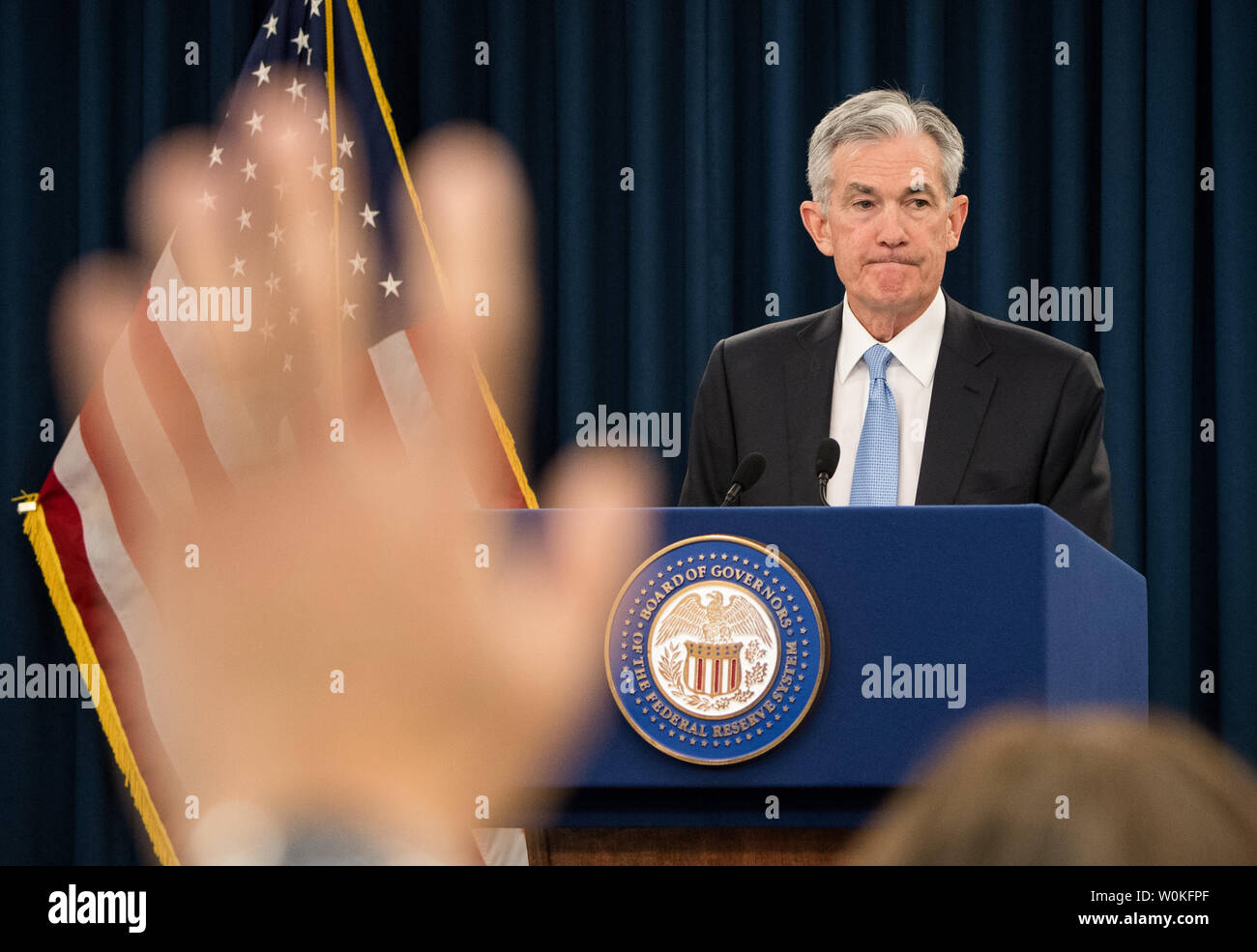 Chef der Federal Reserve, Jerome Powell spricht auf einer Pressekonferenz nach März Sitzung des Federal Open Market Committee, in Washington, D.C. am 20. März 2019. Powell kündigte an, dass die Federal Reserve die Leitzinsen unverändert halten wird. Foto von Kevin Dietsch/UPI Stockfoto