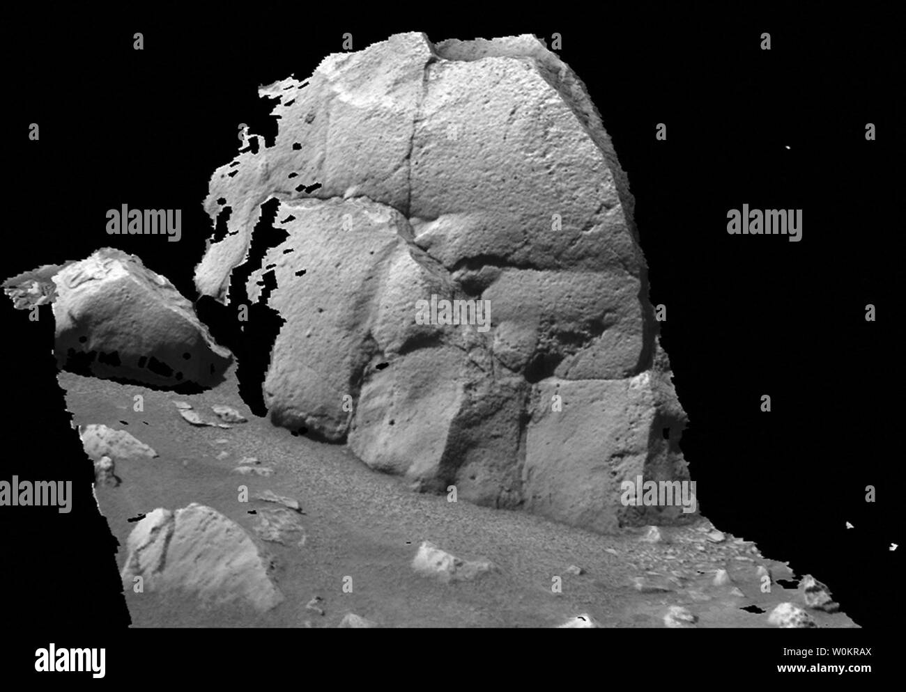 Dieses Bild zeigt ein dreidimensionales Modell des Rock betitelt "Humphrey" im Gusev Krater, Mars, Landeplatz der Mars Exploration Rover Spirit's. Geist prüfte das Klumpig rock mit seiner Suite von wissenschaftlichen Instrumenten sowohl vor als auch nach dem bohrte ein Loch in den Fels Oberfläche am 60. mars Tag, oder Sol, von ihrer Mission. "Humphrey" war einer von mehreren Stationen auf dem Weg des Rover der große Krater betitelt "Bonneville". Dieses Modell ist mit der Software der NASA Ames Research Center entwickelt angezeigt. Bilder aus Panoramablick auf die Kamera des Rover wurden verwendet, um das Modell zu machen. (UPI Foto/NASA/JPL/ Stockfoto
