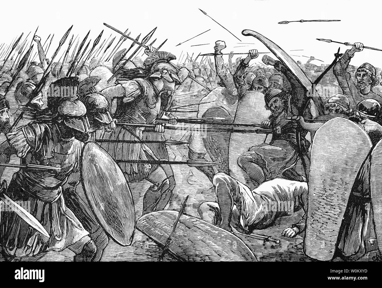 Die Schlacht von Plataea, dem letzten Land Schlacht während des zweiten Persischen Invasion Griechenlands. Es fand in 479 v. Chr. in der Nähe der Stadt Plataea in Böotien in Mittelgriechenland und wurde zwischen einem Bündnis der griechischen Stadtstaaten (einschließlich Sparta, Athen, Korinth und Megara) gekämpft, und das Persische Reich von Xerxes I (verbündet mit Boeotians, Thessalians und Mazedonier). Nach ihrem Sieg bei Plataea und Mycale der griechischen Verbündeten nahm die Offensive gegen die Perser, markieren eine neue Phase des Greco-Persian Kriege. Stockfoto