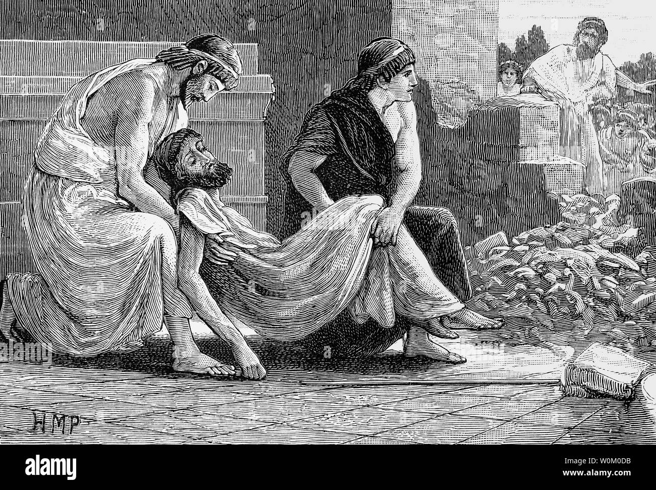 Pausanias war ein spartanischer General, der die Griechen in ihren Sieg über die Perser in der Schlacht von Plataea in 479 BC. In 478 v. Chr. Er der Konspiration mit den Persern angeblich vermutet wurde, schickte einen Brief an den König Ahasveros ich und sagte, er wünschte, Sparta und der Rest von Griechenland unter persische Kontrolle zu bringen, im Gegenzug für die Hand der Königstochter, die Xerxes vereinbart. Nach Festnahme, Pausanias floh in die Tempel der Athena der ehernen Haus. Die spartanische Führer der Tempel und bei Pausanias war am Rande der zu Tode hungern sie ihn durchgeführt umgeben, und er starb in 470 BC. Stockfoto