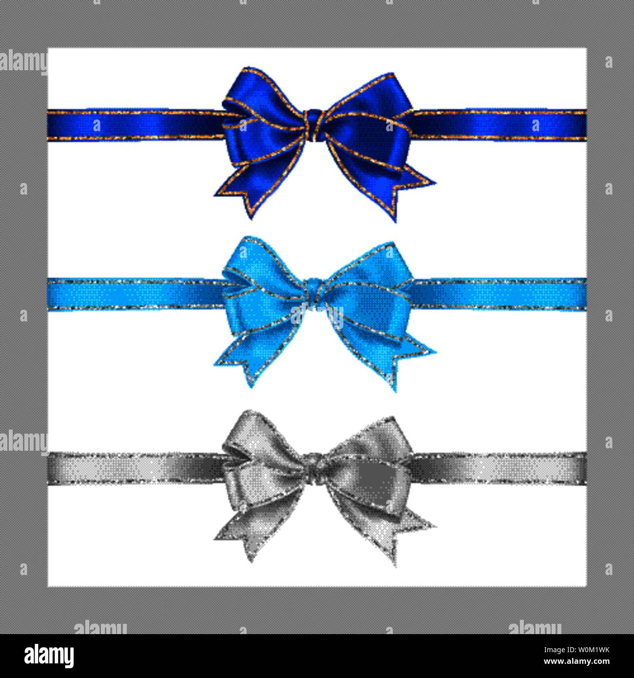 Satz von drei realistische Weiß Blau und Azure Seide Schleife mit Gold und Silber Glitzer Glanzstreifen, Vector Illustration für Dekoration, Förderung, Stock Vektor