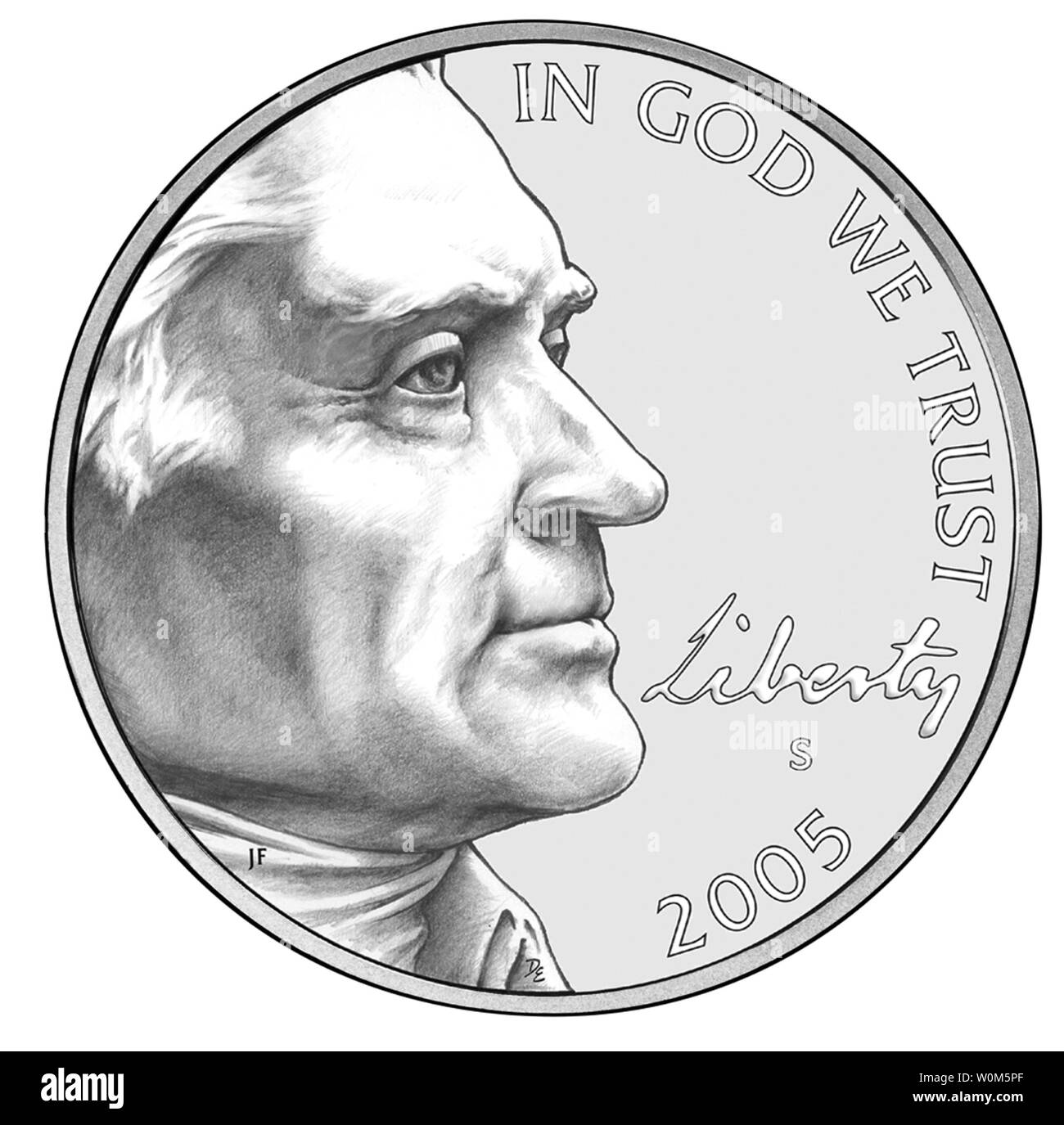 Die US-Mint hat heute bekannt gegeben, dass es sich um zwei im Jahr 2005 neu gestalteten 5-Cent-Münzen (Nickels) Die "Westward Reise Nickel Serie abzuschließen.' ein neues Bild von Präsident Thomas Jefferson auf der "Seite" der beiden Nickels angezeigt wird. Die "Seite der Endstücke der ersten Nickel (Anfang 2005) wird eine amerikanische Bisons erinnert werden von der Buffalo Nickel. Eine zweite neu gestalteten Nickel, im Spätsommer 2005 ausgestellt werden, werden über die gleichen neues Bild von Jefferson, mit einem Design auf der anderen Seite symbolisiert der Lewis und Clark Expedition. (UPI Foto/U.S. Mint) Stockfoto