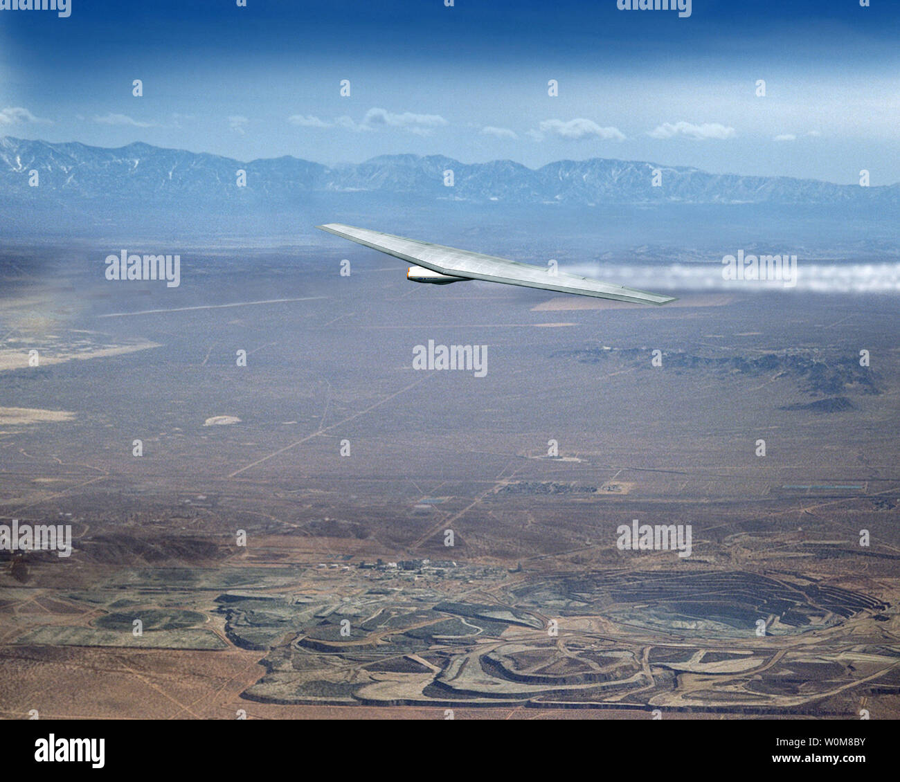 Das Pentagon hat Northrop Grumman ausgewählte eine Oblique Flying Wing zu entwickeln. Prime das Attribut der Flugzeuge wird eine Variable sein - fegen Flügel entworfen, um Positionen in Abhängigkeit von der Ebene der Fluggeschwindigkeit ändern. Die Idee ist, das Flugzeug so effizient wie möglich, ob es sich in einem high-Altitude, high-speed Umwelt oder fliegen niedrig und langsam zu machen. (UPI Foto/Northrop Grumman) Stockfoto