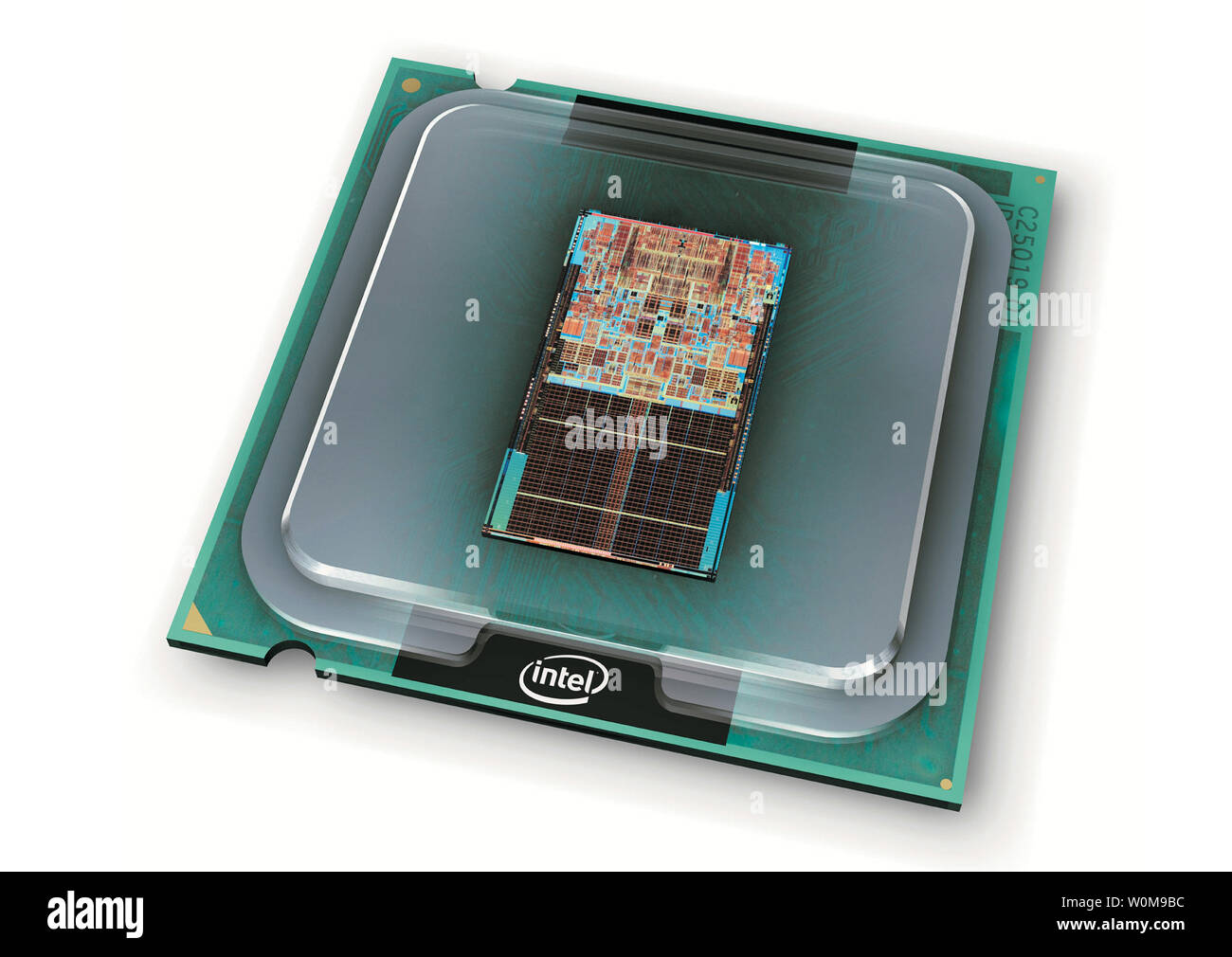 Intel präsentierte eine Abbildung des neuen leistungsstarken, energieeffizienten Intel® Core™2 Duo Prozessoren für Consumer- und Business-PCs, Notebooks und Workstations Am 27. Juli 2006 bei Intel Hauptsitz in Santa Clara, Calif (UPI Foto) Stockfoto