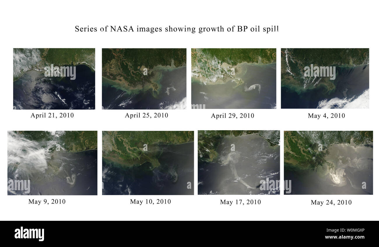 Eine Reihe von NASA Satelliten Bilder zwischen 21. April und 24. Mai 2010 zeigt das Wachstum der Ölpest aus der Explosion der Bohrinsel "Deepwater Horizon" im Golf von Mexiko getroffen. UPI/NASA/MODIS Rapid Response Stockfoto
