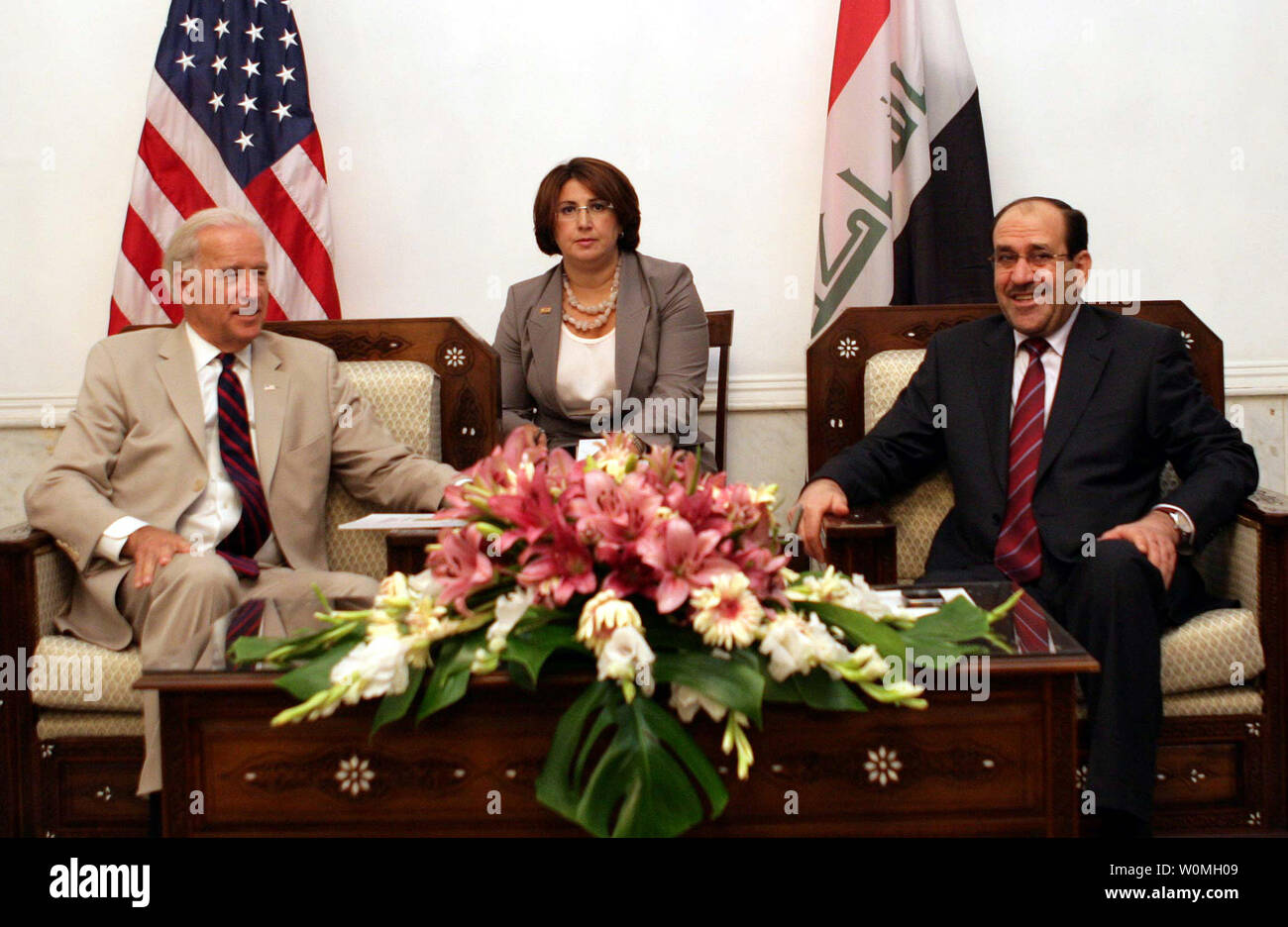 Us-Vizepräsident Joe Biden (L) trifft sich mit Iraks Ministerpräsident Nuri al-Maliki in Bagdad am 4. Juli 2010. UPI Stockfoto