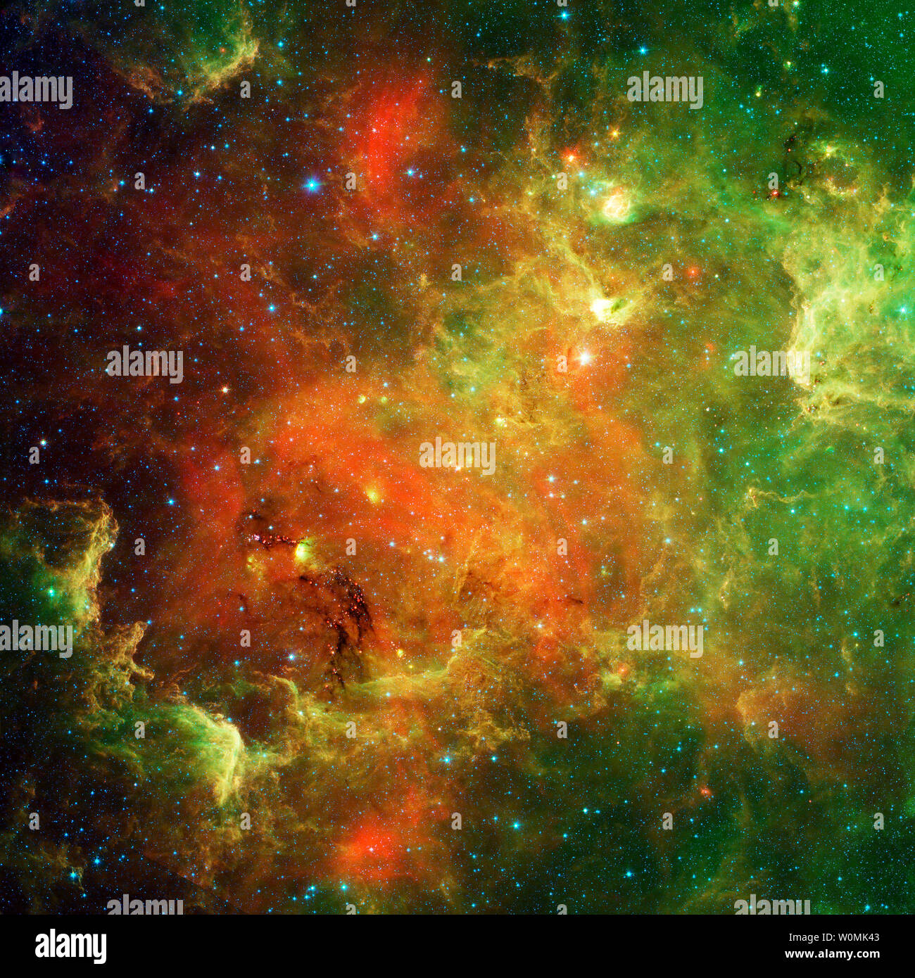 Der Nordamerika-nebel in einem Infrarot Ansicht von NASA's Spitzer Space Telescope im Februar 2011 gesehen. Im sichtbaren Licht der Region Nordamerika ähnelt aber in diesem Bild, um es in Teil verschwindet, weil Infrarotlicht dringt Staub in der Erwägung, dass das sichtbare Licht nicht. Cluster von jungen Sternen (ca. eine Million Jahre alt) kann im gesamten Bild gefunden werden. UPI/NASA/JPL-Caltech Stockfoto