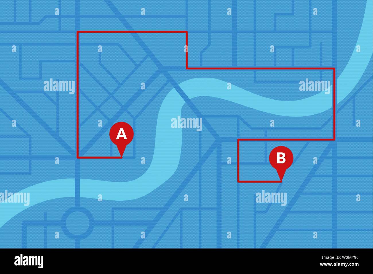Stadt Stadtplan plan mit GPS-Pins und Navigation Route von A nach B Punkt Marker. Vektor Blau eps Abbildung: Schema Stock Vektor