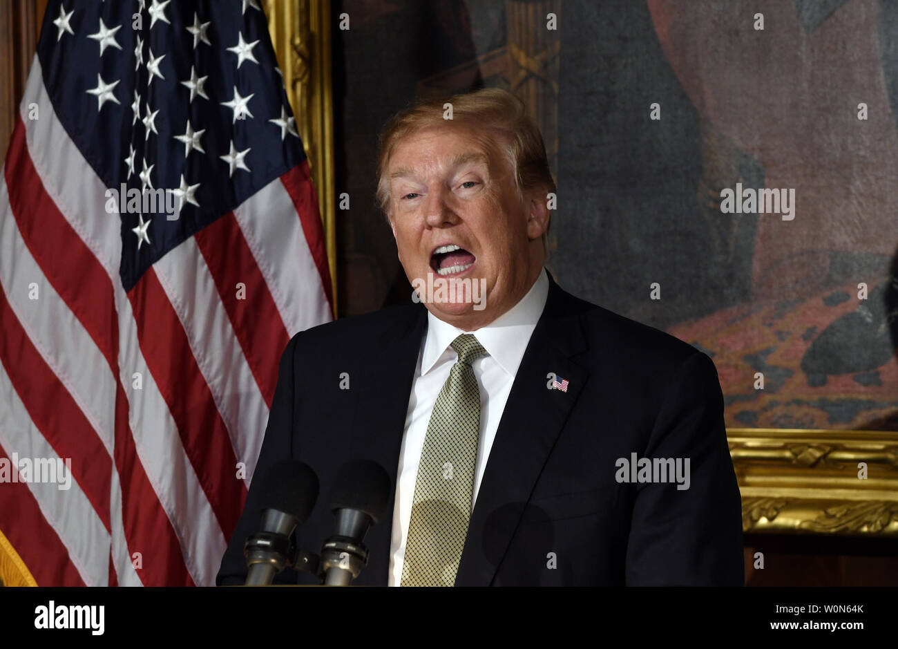 Us-Präsident Donald Trump spricht während die Freunde von Irland Mittagessen mit Leo Varadkar, der irische Premierminister im US-Kapitol in Washington, D.C. am Donnerstag, 14. März 2019. Foto von Olivier Douliery/UPI Stockfoto