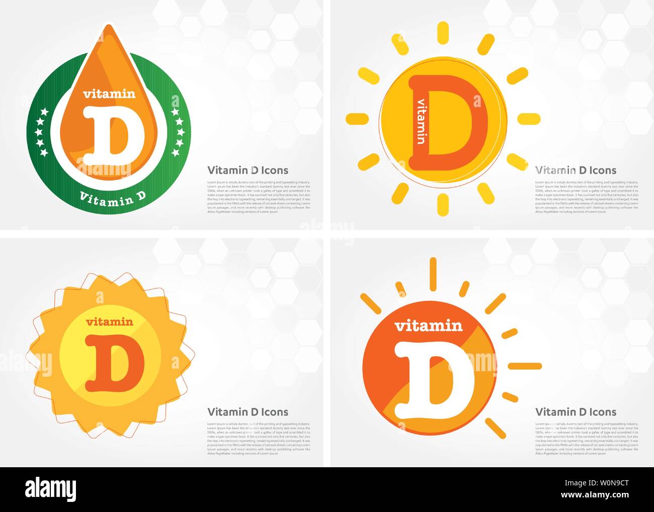 Vitamin D Sonne Pille Kapsel icon Sammlung Schwarz gesetzt, Cholecalciferol. Goldene Vitamin Komplex mit der chemischen Formel Substanz. Medizinische Stock Vektor