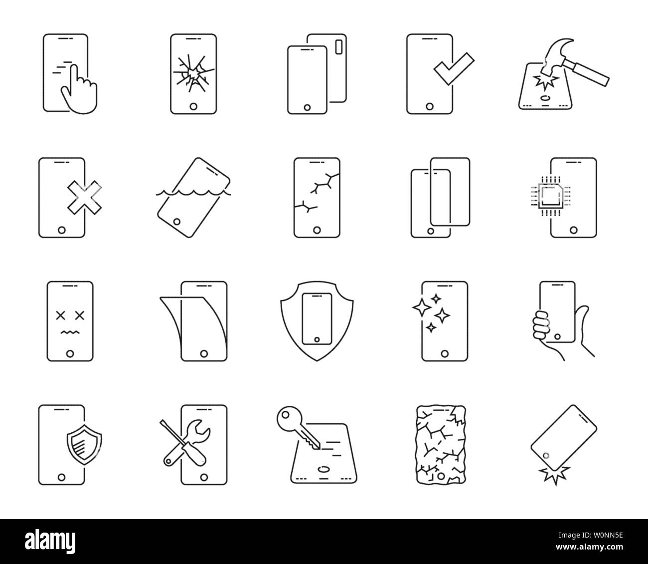 Reparatur von Smartphones set Symbole. Bruch und den Schutz des Smartphones, dünne Linie Design. Repair Center. Editierbare Schlaganfall. EPS 10. Stock Vektor
