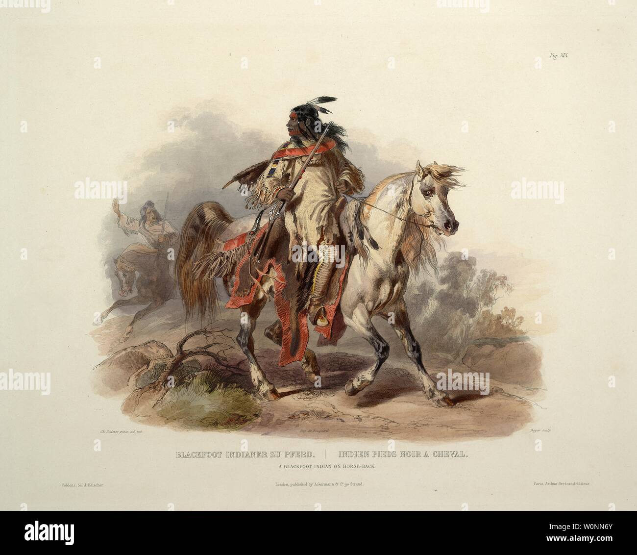 Ein Blackfoot Indianer auf Pferd, Karl Bodmer Aquatinta von Reisen in das Innere von Nordamerika (Voyage dans l'Intérieur de l'In du Nord) Stockfoto