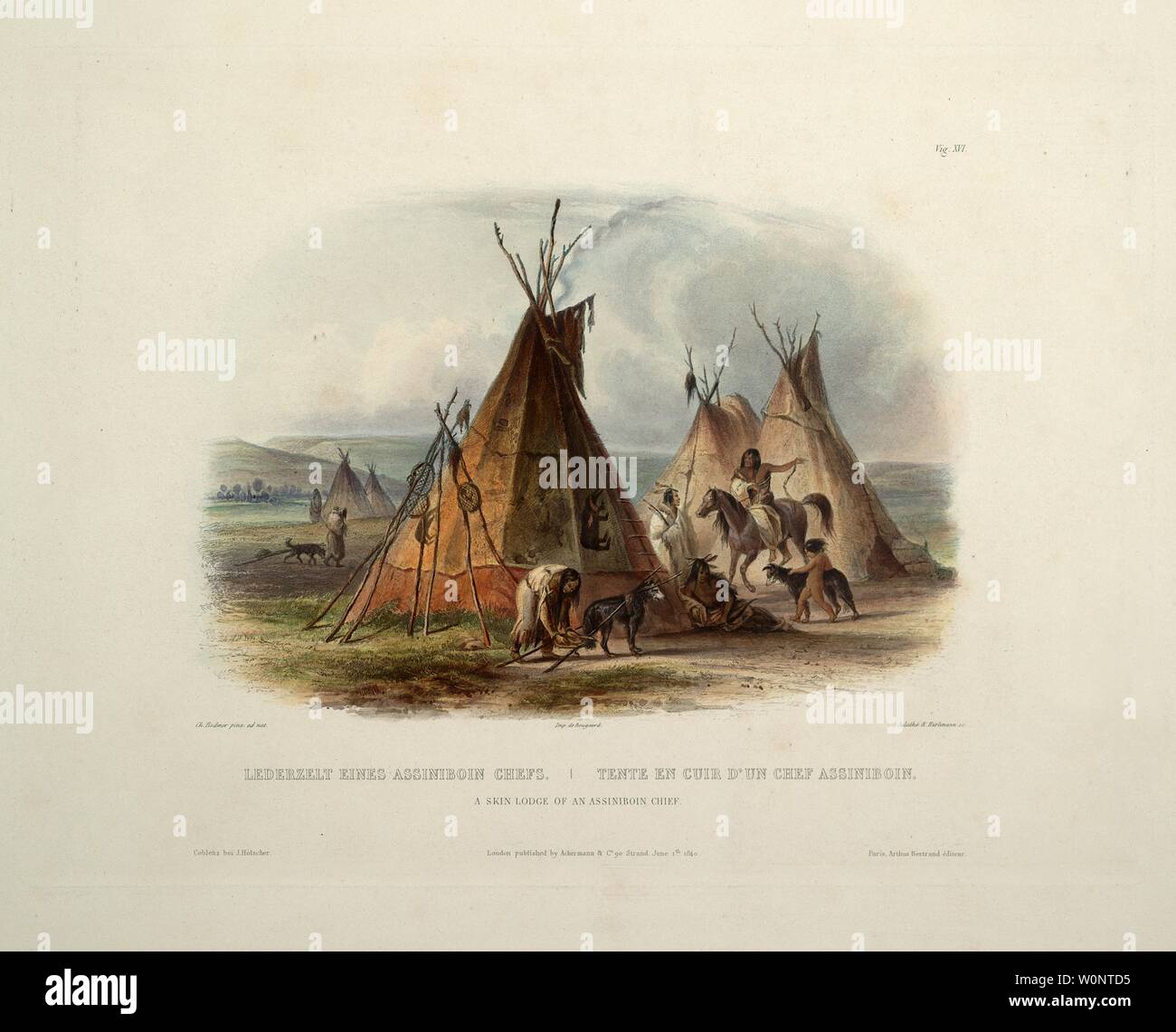 Eine Haut Lodge eines Assiniboin Chief (Assiniboine Chief) - Karl Bodmer Aquatinta von Reisen in das Innere von Nordamerika/Voyage dans l'Intérieur Stockfoto