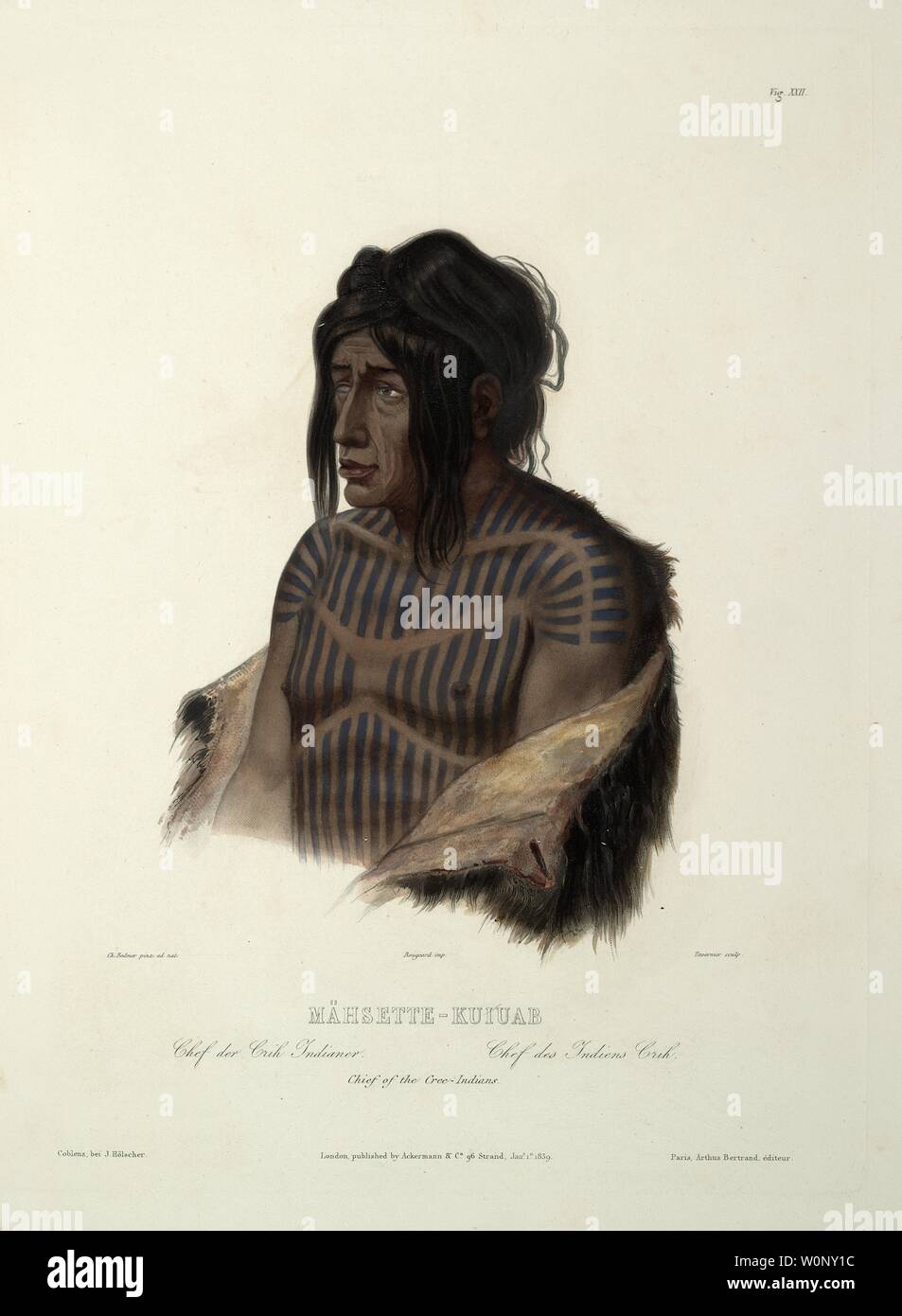 Mähsette-Kuiuab, Chef der Cree - Indianer - Karl Bodmer Aquatinta von Reisen in das Innere von Nordamerika (Voyage dans l'Intérieur) Stockfoto