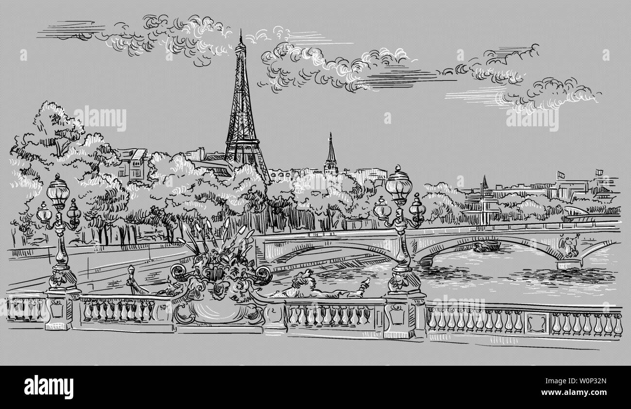 Vektor hand Zeichnung Abbildung: Eiffelturm (Paris, Frankreich). Wahrzeichen von Paris. Stadtbild mit Eiffelturm und Pont Alexandre III, mit Blick auf Seine Stock Vektor