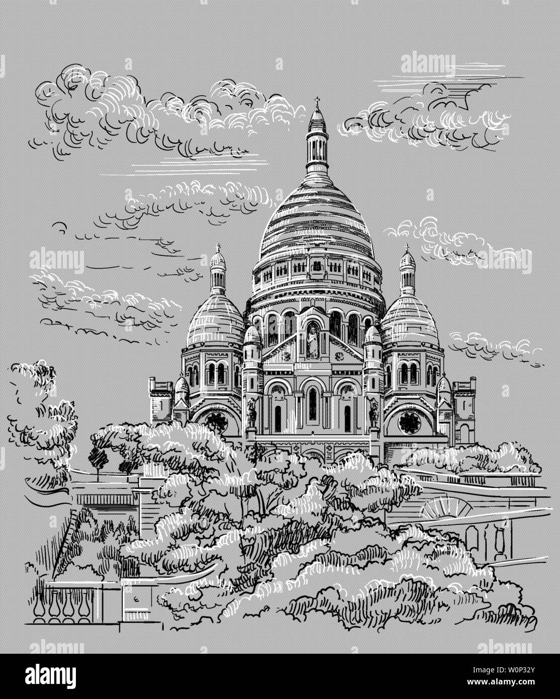 Vektor hand Zeichnung Abbildung des Montmartre (Paris, Frankreich). Wahrzeichen von Paris. Stadtbild mit Basilika Sacre Coeur. Vektor Handzeichnung illustrati Stock Vektor