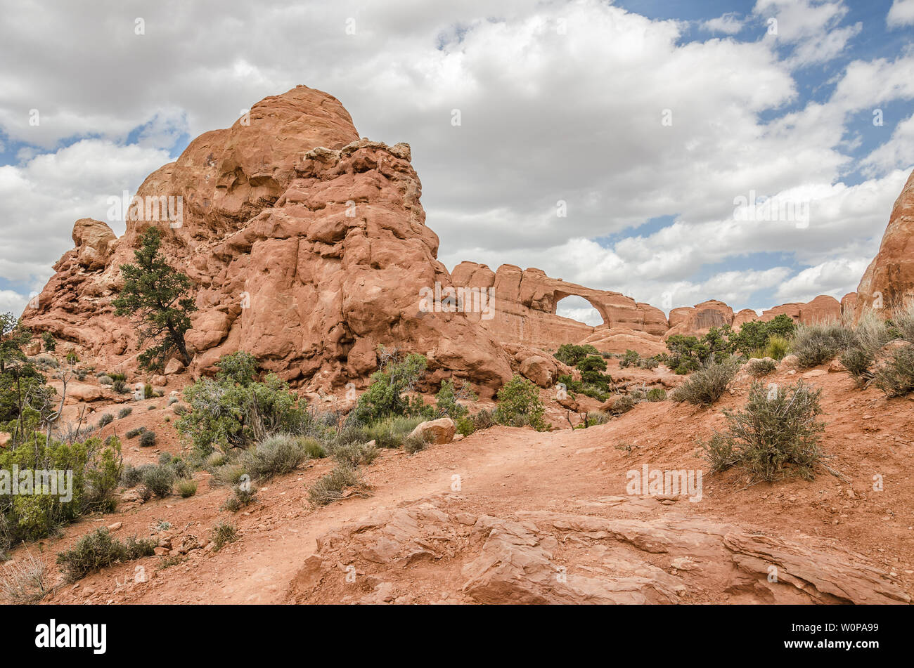 Wanderweg in der Skyline Arch im Arches National Park mit großen Kontrasten und Texturen an einem schönen Tag. Stockfoto